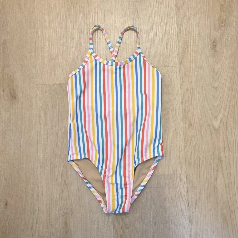 Old Navy Girl's Colorful White Multi Stripe Summer One Piece Swimsuit Size 5